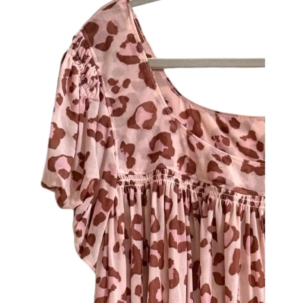 FP Free People Pink Animal Print Black Crop Bubble Hem Blouse Medium Lined